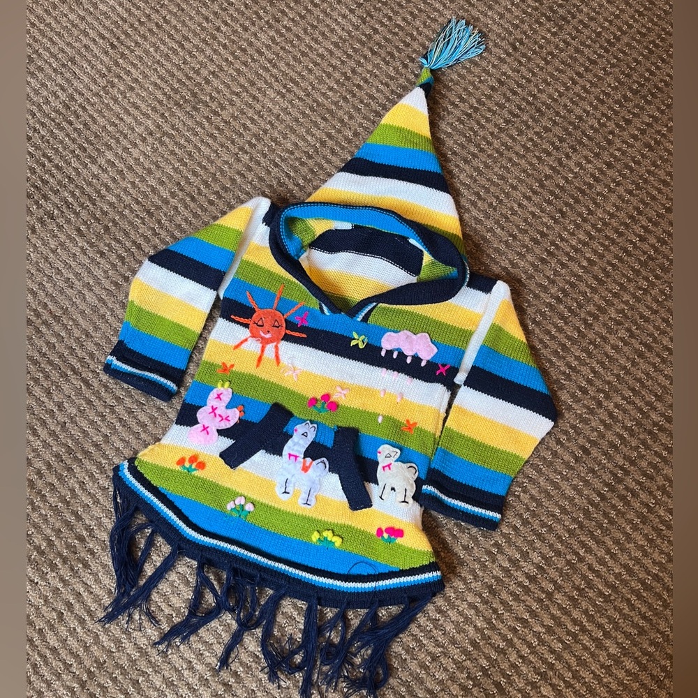 💛 Wool Colorful Sweater W/Hood Tassels & Pocket Peruvian Kid XS 3-4 EUC💛